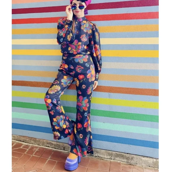 FARM Rio Lily's Garden Mock Neck Blouse Women's XS Floral‎ Colorful Vacation - Picture 2 of 12